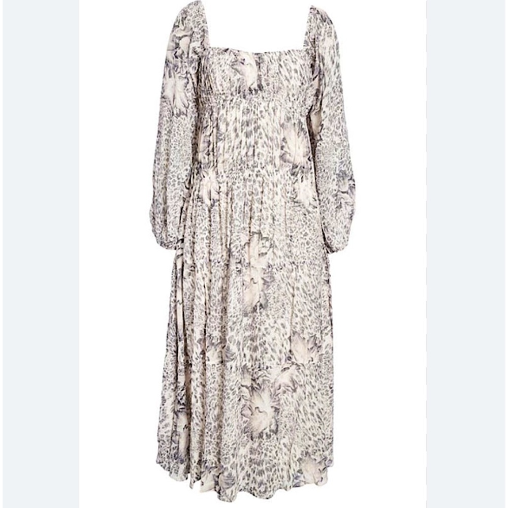 All Saints Amara Laertes midi animal print floral cream grey long sleeve dress